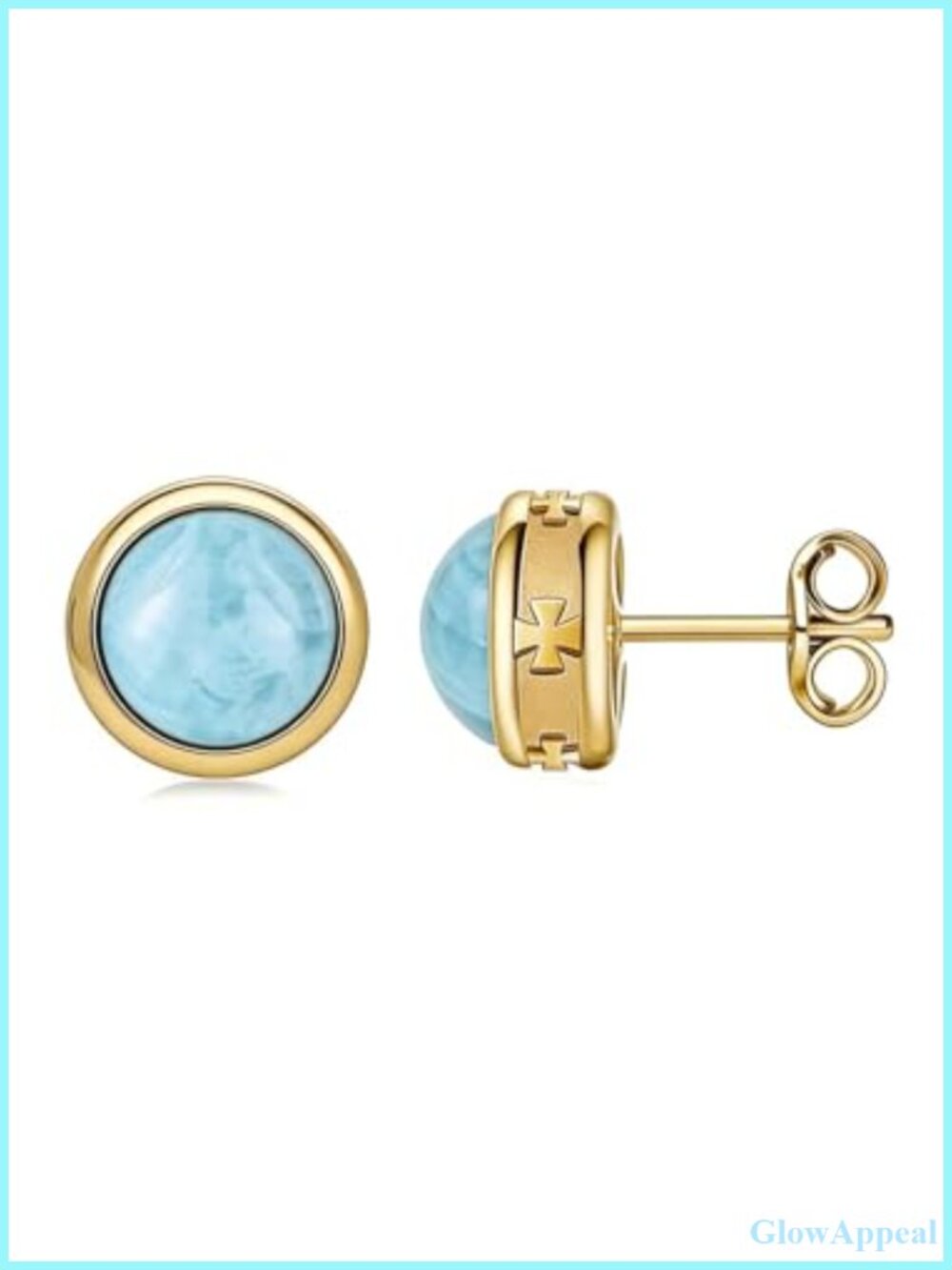 14K Gold Plated Larimar Stud Earrings 10mm Cross Religious Gift